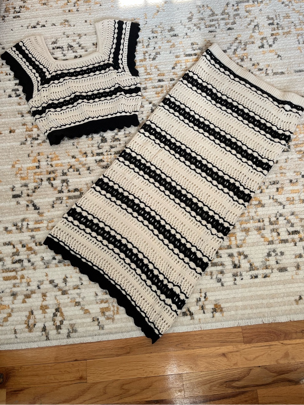 Crochet Midi Skirt Set in Cream and Black